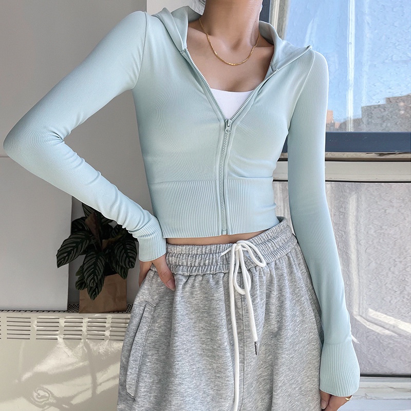 새로운 가을 겨울 긴팔 요가복 런닝 운동복 요가 재킷 속건성 상의 후드가 달린 꽉 끼는 피트니스복