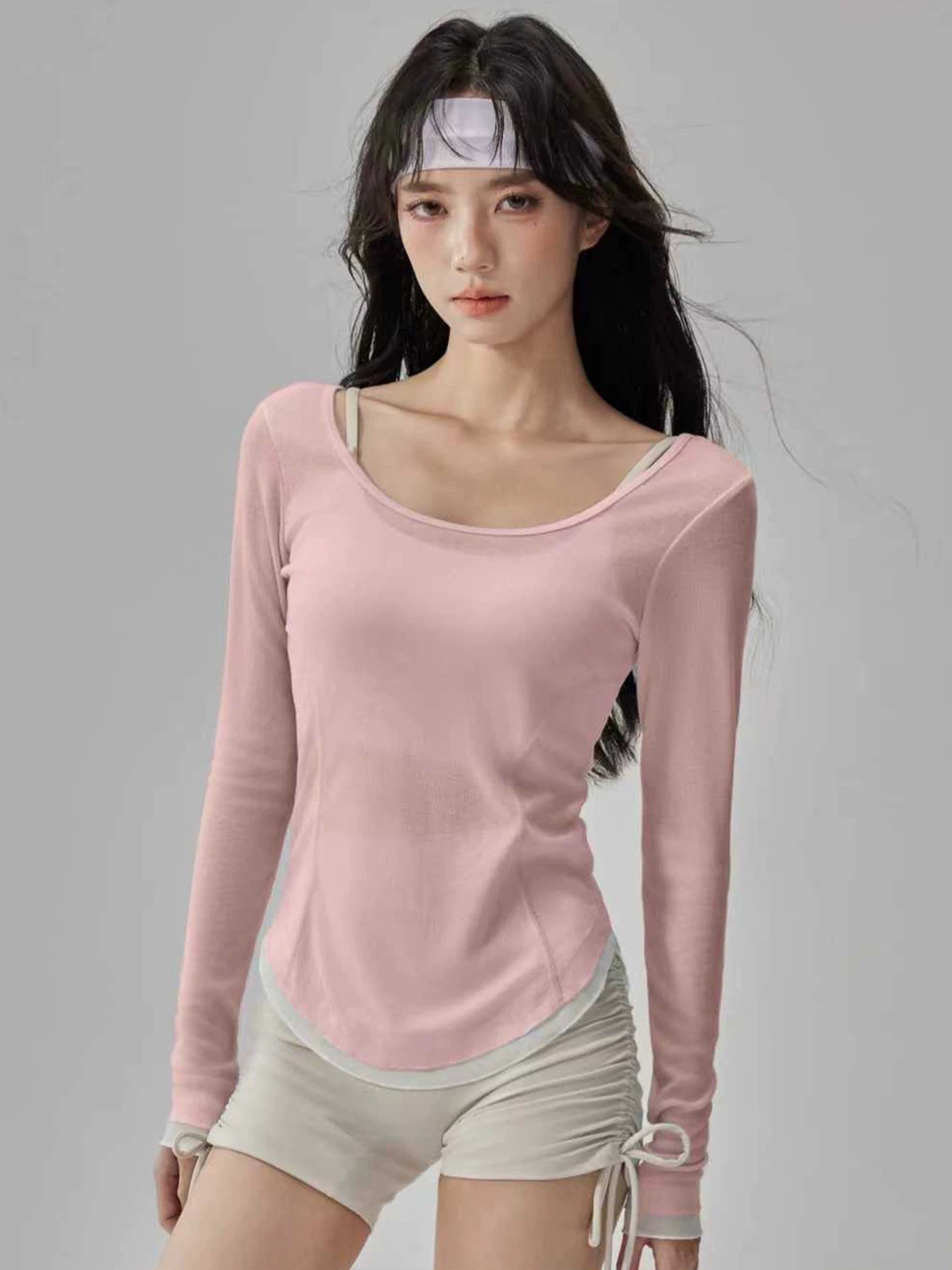 裸感绝美瑜伽服罩衫性感露背普拉提训练上衣轻薄健身运动训练长袖