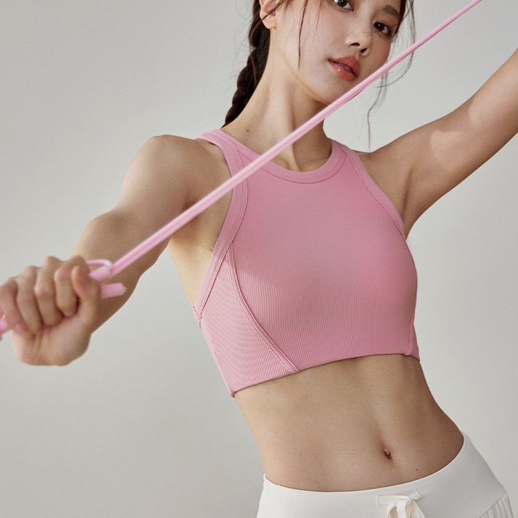 洋白菜短款固定一体杯瑜伽螺纹文胸健身运动内衣女瑜伽服上衣