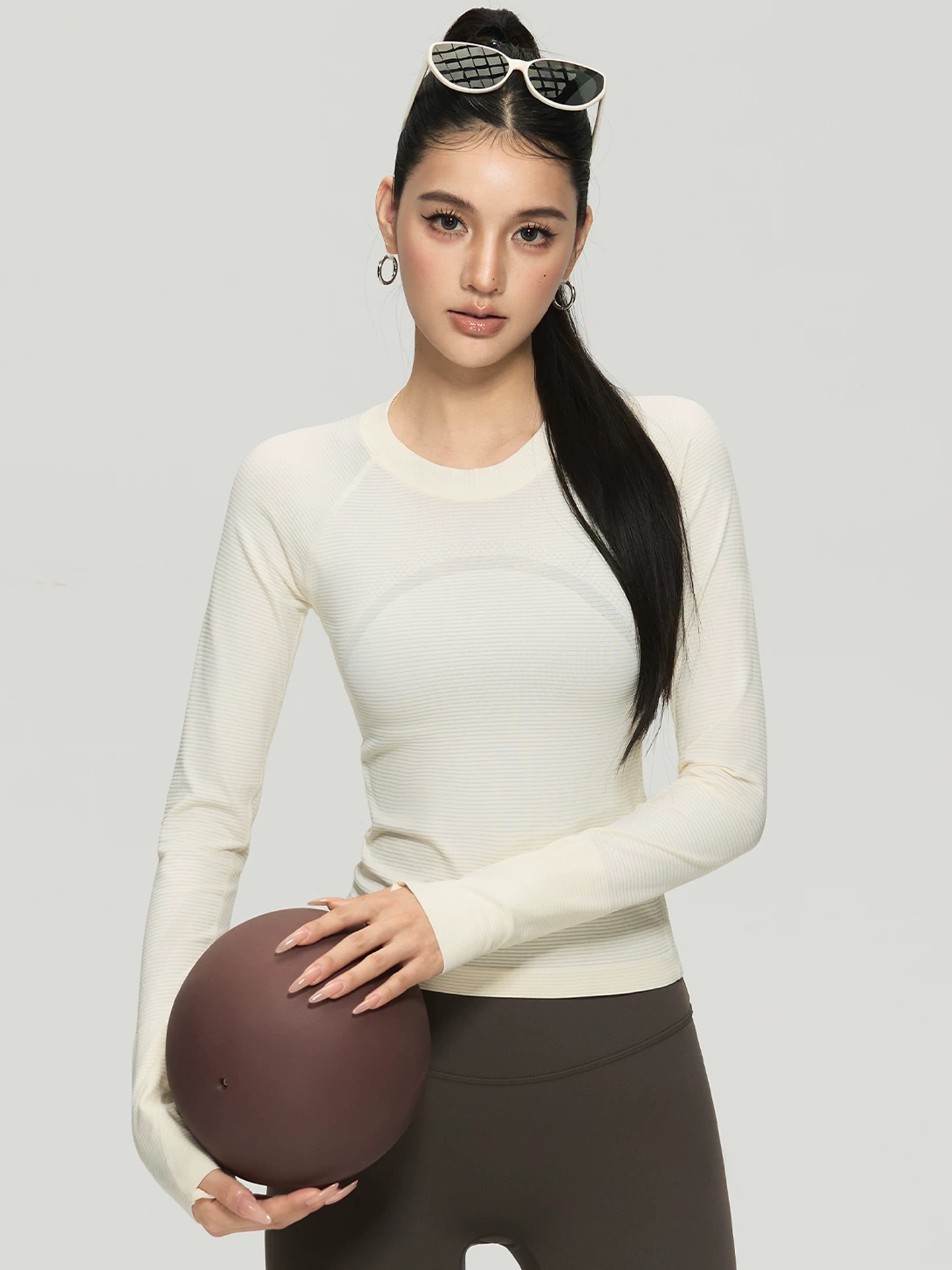 洋白菜修身显瘦运动长袖女圆领速干高弹跑步训练健身上衣瑜伽服