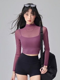 洋白菜网纱运动长袖女带胸垫修身显瘦瑜伽服跑步假两件健身上衣