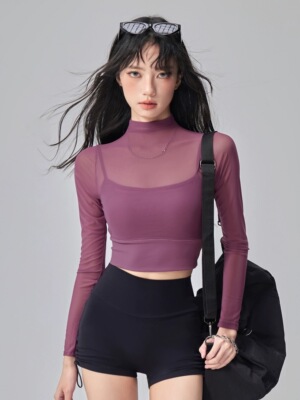 洋白菜网纱运动长袖女带胸垫修身显瘦瑜伽服跑步假两件健身上衣