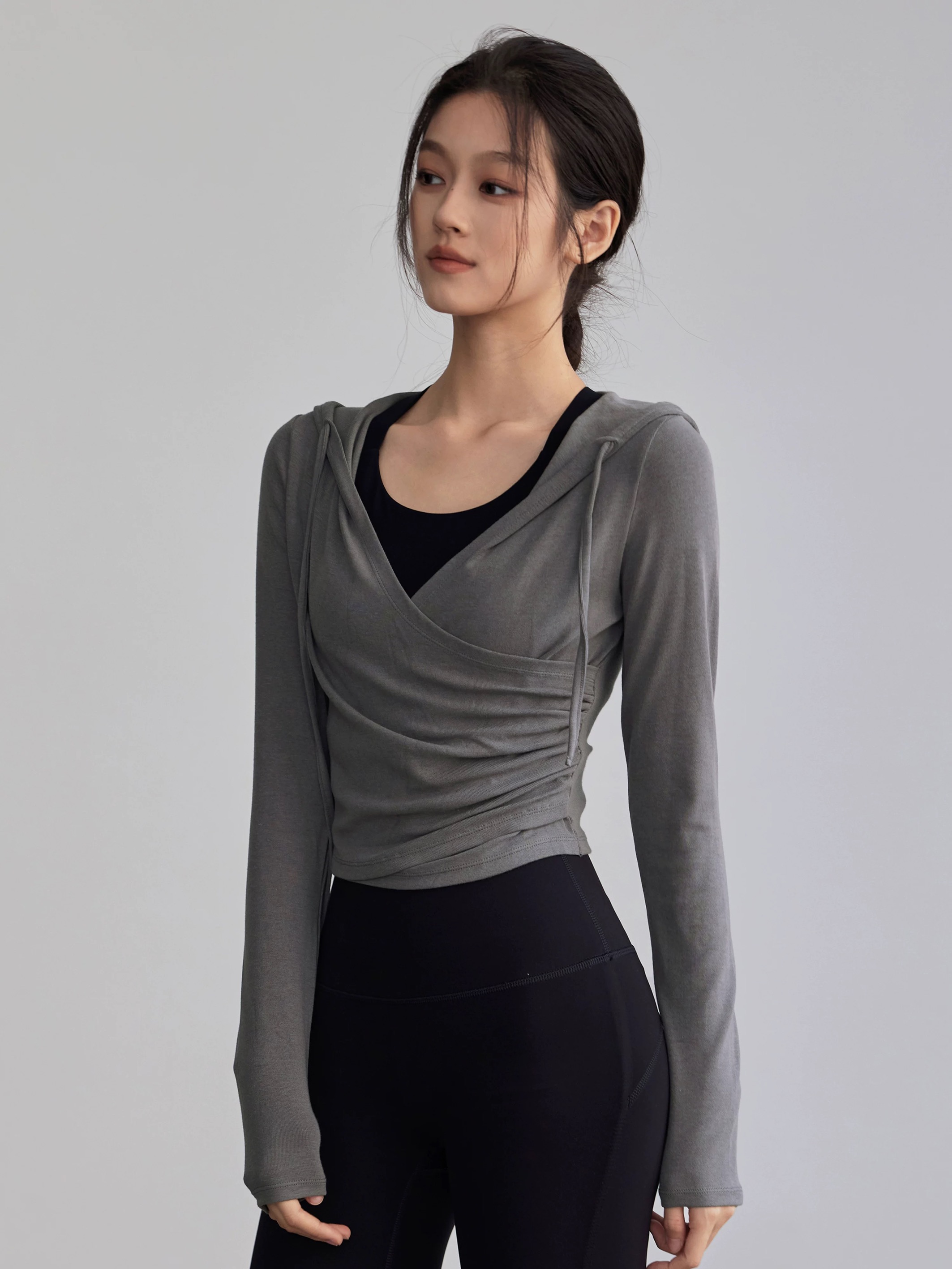 洋白菜连帽瑜伽服跑步普拉提运动紧身长袖训练V领收腰显瘦上衣女