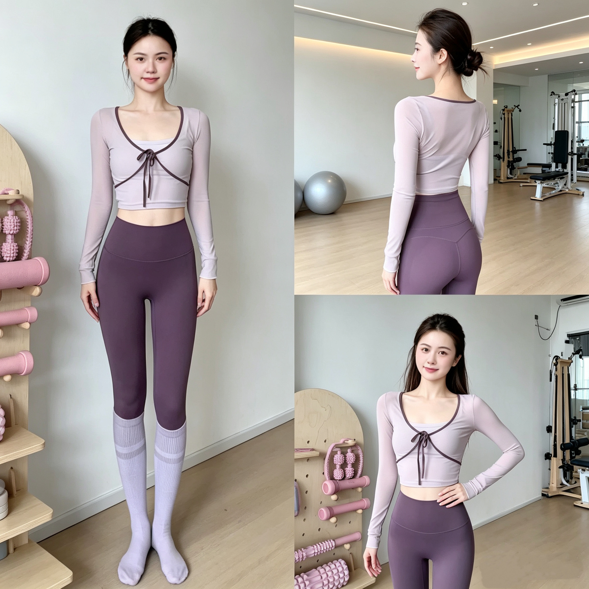 带胸垫一体式撞色网纱运动T恤女长袖修身瑜伽服上衣健身跑步训练