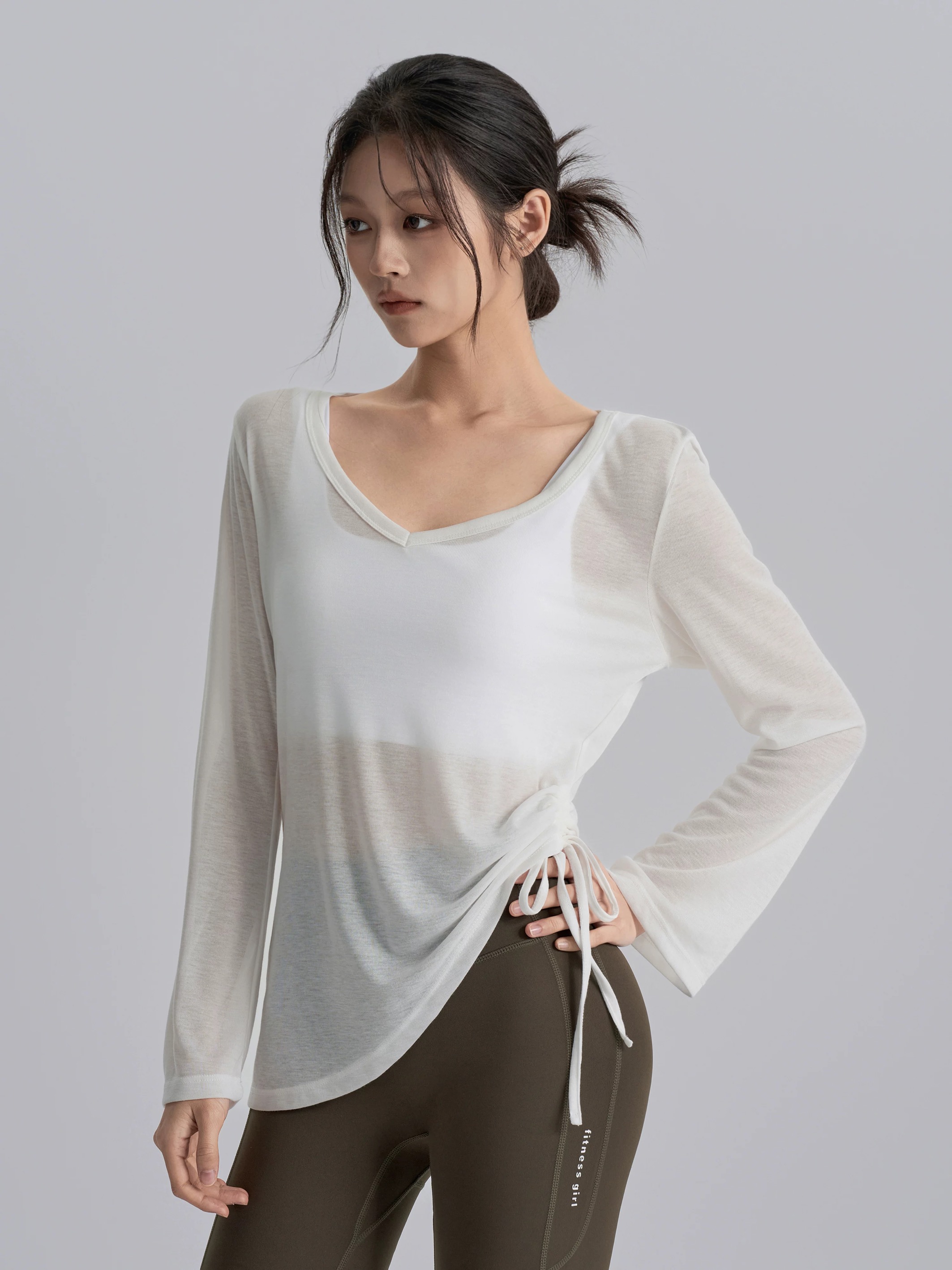 洋白菜抽绳宽松瑜伽服罩衫速干遮肉T恤普拉提跑步运动长袖上衣夏