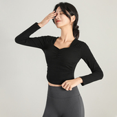 清仓处理法式 V领褶皱速干瑜伽T恤女一体胸垫显瘦透气健身打底上衣