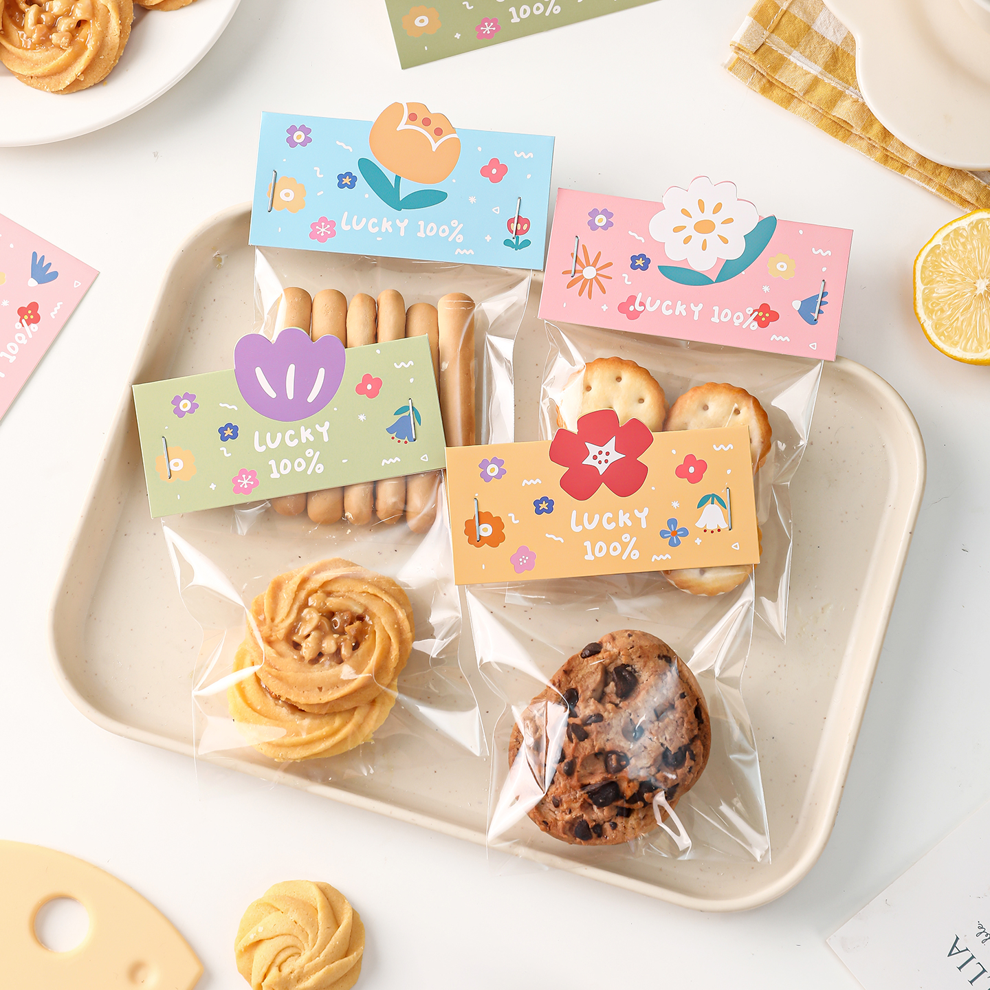 饼干包装袋幸运花语卡头纸页眉曲奇雪花酥糖果西点饰品透明打包袋