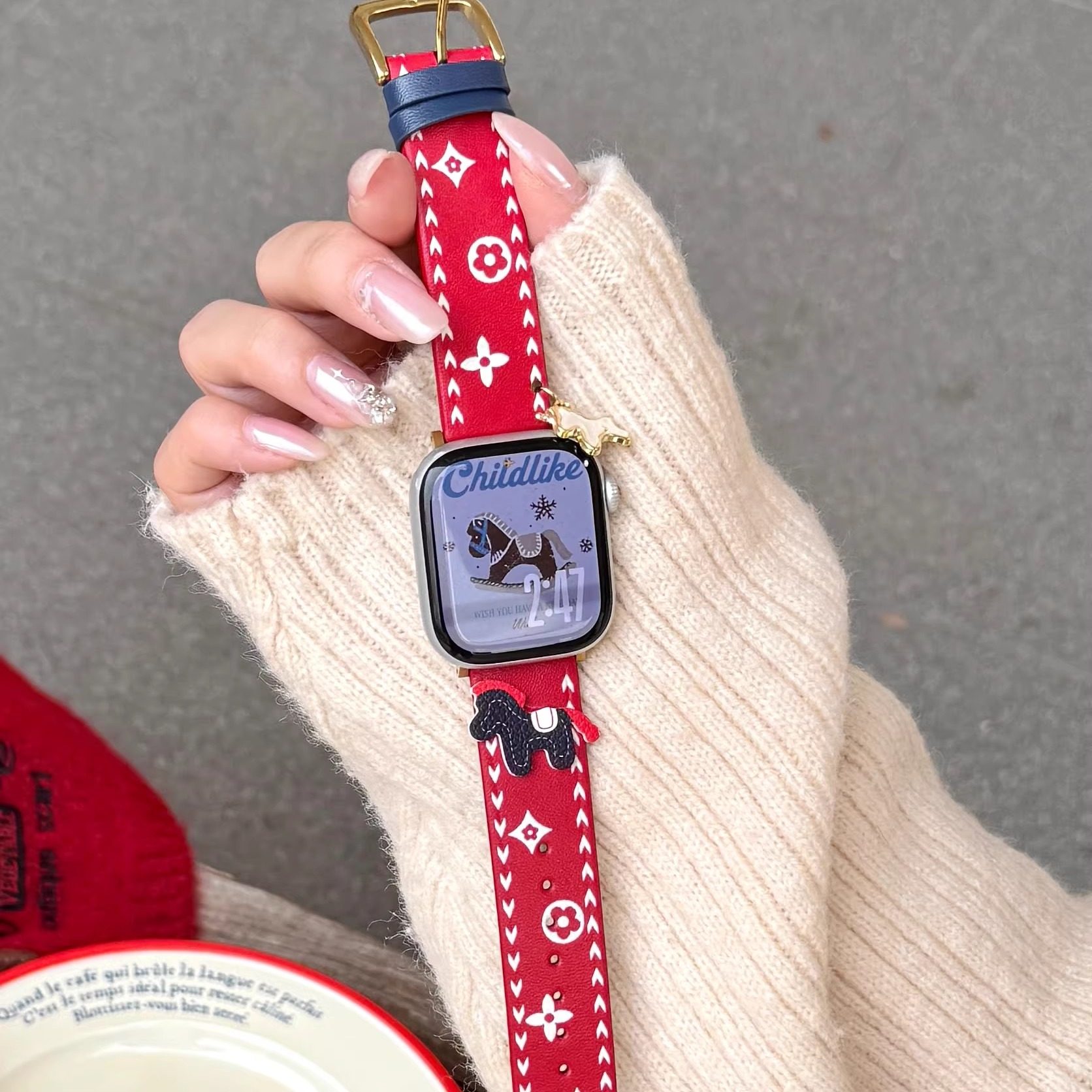 小马新年红色款适用苹果手表iwatchs11皮质表带10代98se3小米9pro