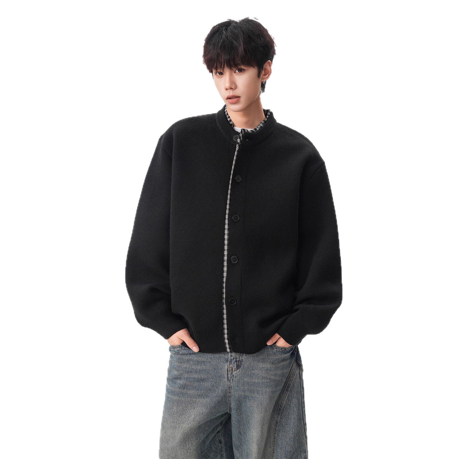 美式复古假两件格纹针织开衫男款潮牌宽松休闲高级感百搭毛衣外套