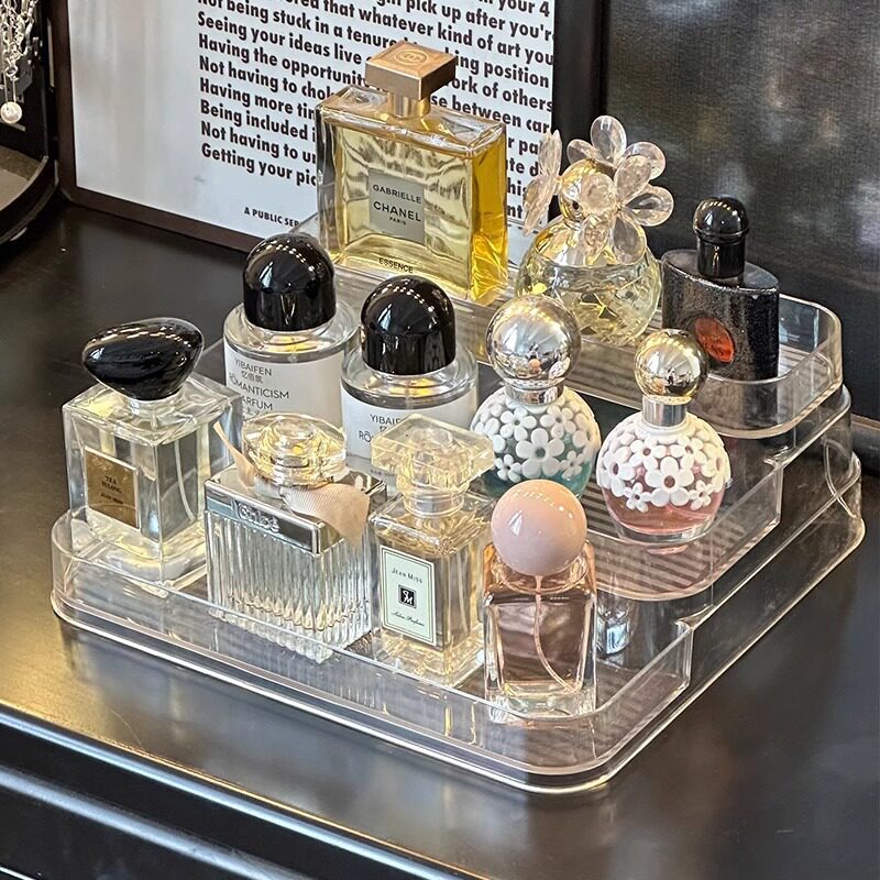 亚马逊梳妆台化妆品收纳盒桌面香水置物架亚克力透明阶梯展示架