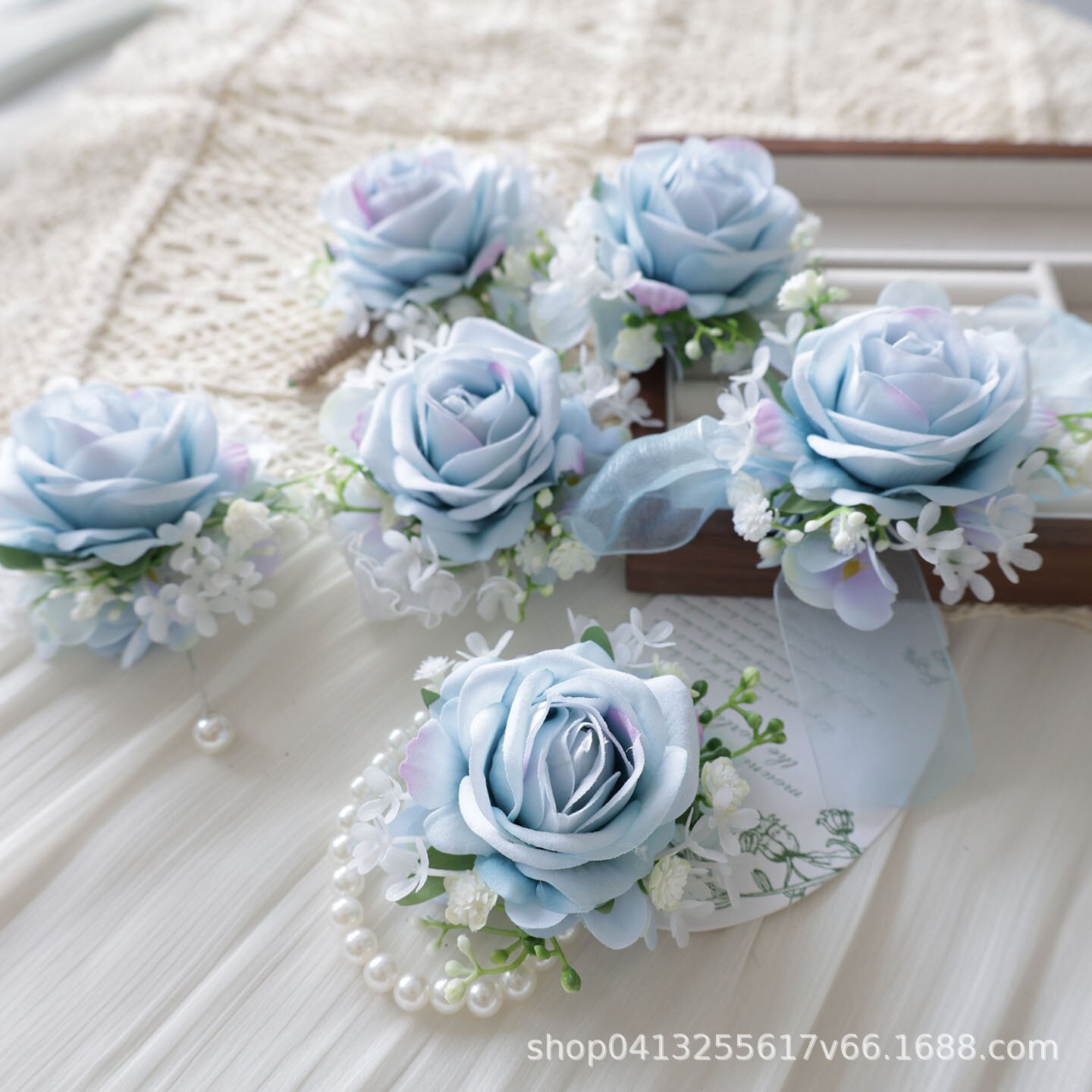 H0033亚马逊跨境婚庆庆典仿真绒布玫瑰花胸花手腕花结婚用品浅蓝