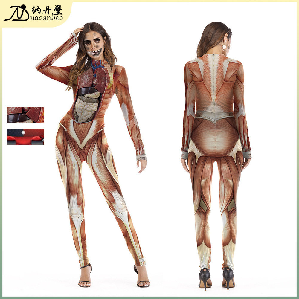万圣节人体肌肉内脏3D数码印花紧身连体衣女恐怖解剖丧尸舞台服装