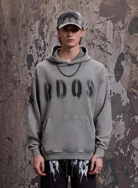 RAIN DOWN ON SHADOW 做旧灰色drill潮牌美式连帽卫衣洗水帽衫