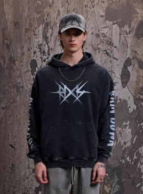 RAIN DOWN ON SHADOW 做旧黑色drill潮牌美式连帽卫衣洗水帽衫