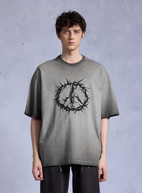 RAIN DOWN ON SHADOW 做旧灰色发泡荆棘重磅drill潮牌T恤美式短袖