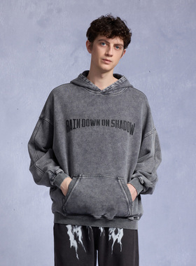 RAIN DOWN ON SHADOW 做旧灰色drill潮牌连帽卫衣美式洗水帽衫