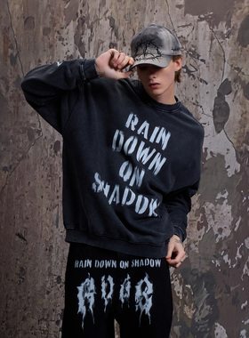 RAIN DOWN ON SHADOW 做旧黑色drill潮牌美式洗水圆领卫衣
