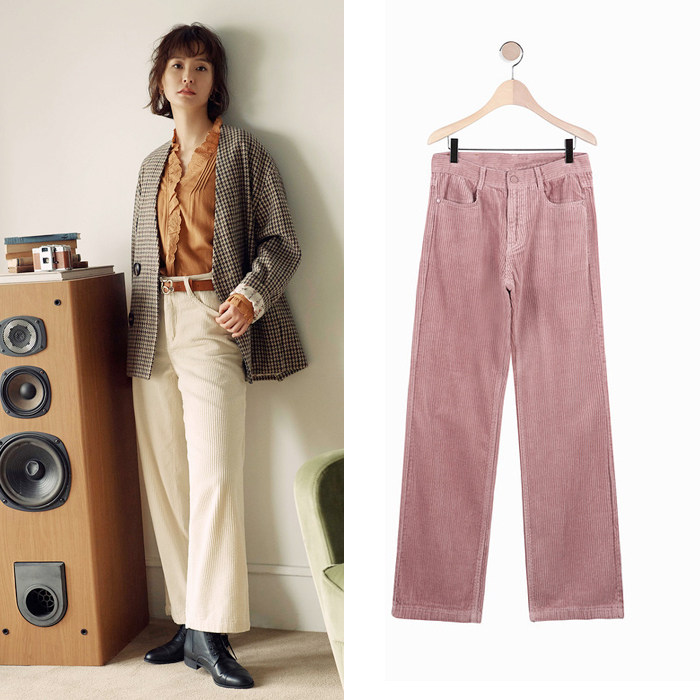 海报款~岛屿家~郑裕美灯芯绒平绒料高腰保暖直筒裤阔腿裤休闲长裤
