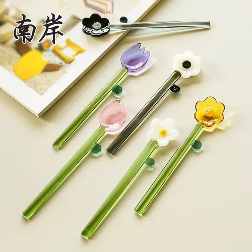 食品级玻璃樱花咖啡勺搅拌勺搅拌棒长柄小勺子布丁甜品勺冰淇淋勺