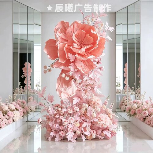 粉色花朵毛绒纸艺橱窗展厅装饰