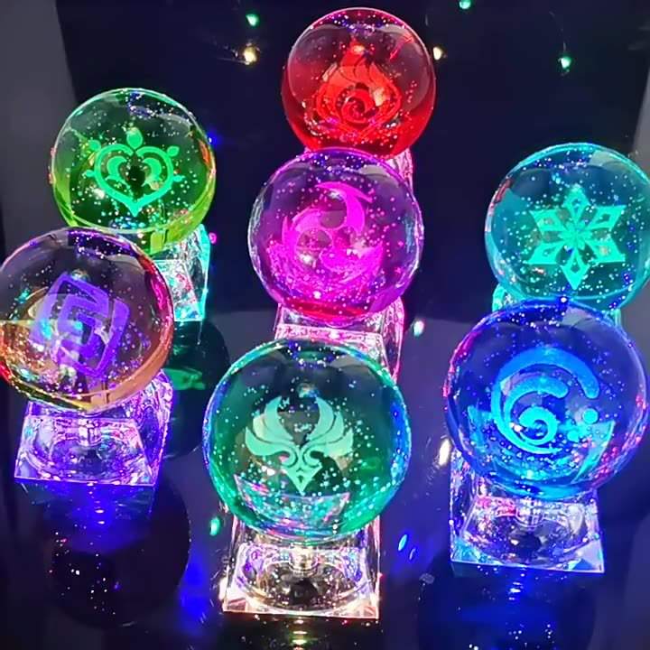 原神周边神之眼水晶球小夜灯3D内雕七元素水晶球氛围灯动漫摆件