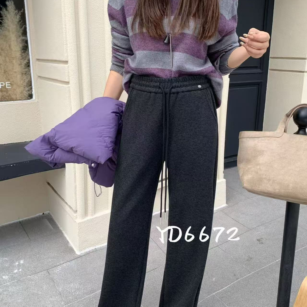 烟蒂YD2025秋冬糯米羊绒新款时尚高腰显瘦休闲裤微喇女坠感6671