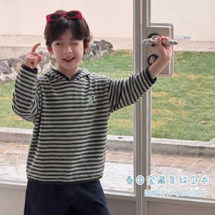 大小卷男童卫衣春秋2026新款条纹连帽宝宝韩版上衣儿童长袖T恤