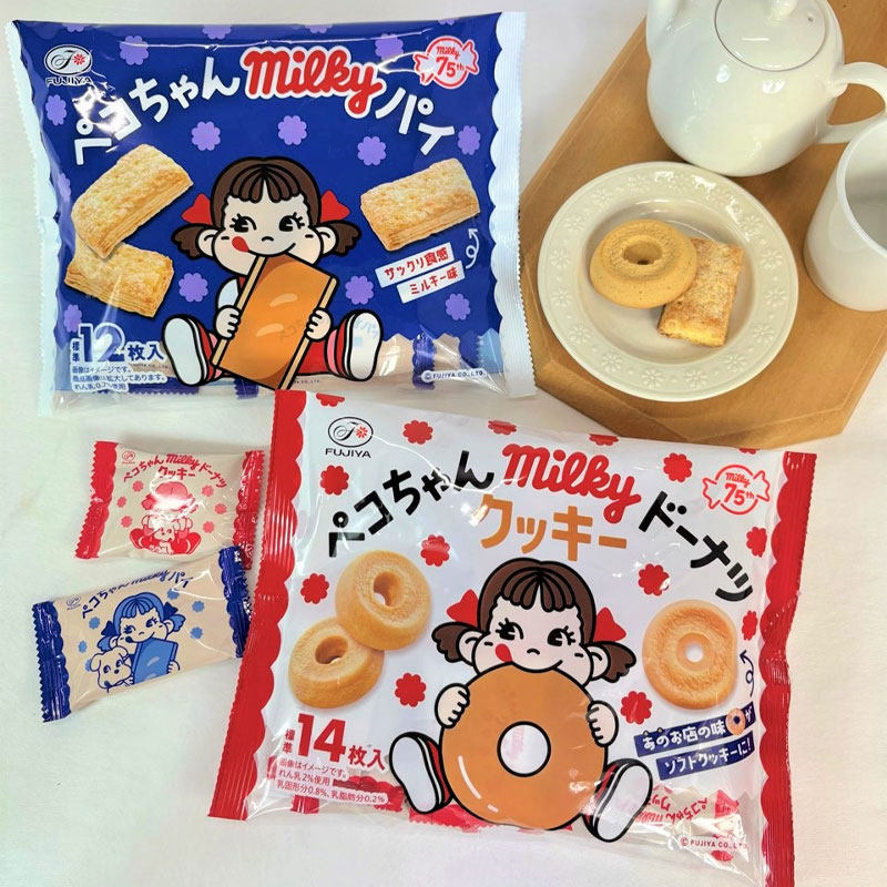 日本进口不二家牛奶妹甜甜圈造型曲奇饼干千层酥饼干小包