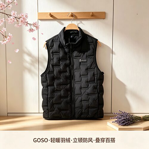 香蜜闺秀26428001男士超轻纯色羊毛气绒立领拉链马甲厚款百搭背心