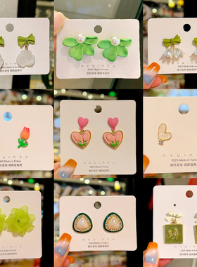 夏季绿色花朵耳环女2022年新款潮耳钉ins小众设计网红高级感耳饰