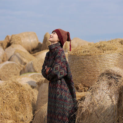 慢慢变蓝原创荼针织连衣裙民族风