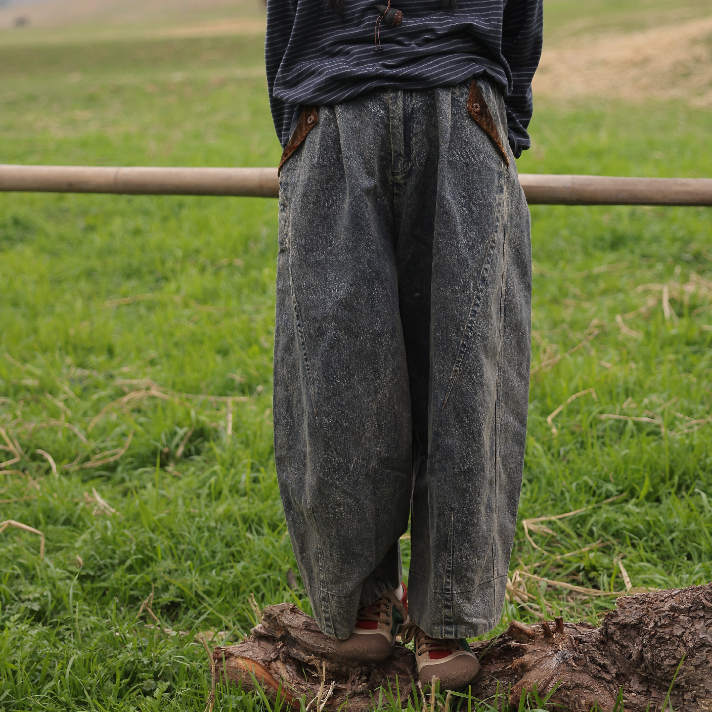 【陌】慢慢变蓝 荼 春夏新品 炒雪花套怀旧口袋拼接棉麻牛仔裤