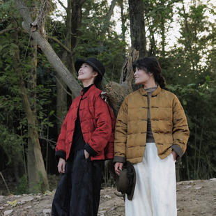 慢慢变蓝原创冬提花丝面料新中式对襟短款羽绒服立领盘扣90白鹅绒