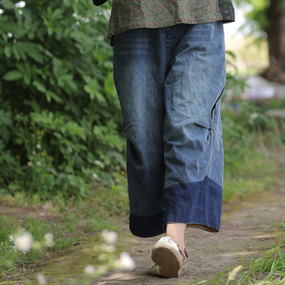 慢慢变蓝原创 荼 夏季复古水洗做旧牛仔裤薄款 九分裤半松紧腰