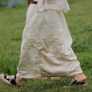 小众复古文艺手工缝线 春夏肌理丝拼接半裙A版 慢慢变蓝原创 荼