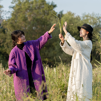 慢慢变蓝原创 秋冬绗棉中长款阔版棉服新中式棉衣落肩气质显瘦