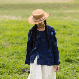 【沉蓝序·春靛】荼 春夏植物染几何蜡染花纹亚麻民族风对襟上衣