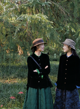 慢慢变蓝原创 秋冬细腻顺滑真丝绒衬衫 古雅精致荷叶领