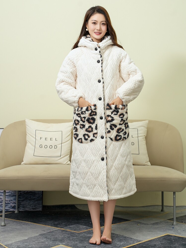 LEOPARD PRINT LONG DRESSING GOWN WOMENS WINTER CORAL VELVET PLUSH EXTRA THICK PAJAMAS THREE-LAYER PADDED JACKET WINTER HOODED LOUNGEWEAR