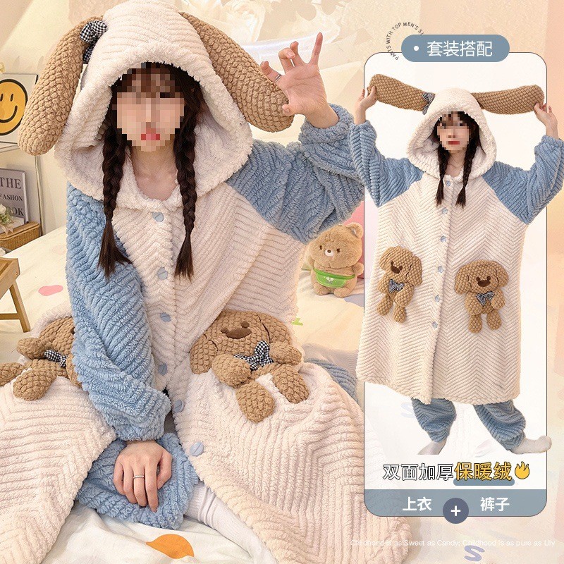 2024新款法兰绒提花睡衣女秋冬套装加厚加绒睡袍连帽家居服可外穿