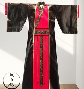 口有口袋 子袖 秋冬三件套仙袍手工仙衣男款 道袍龙纹图案黑红配含裤