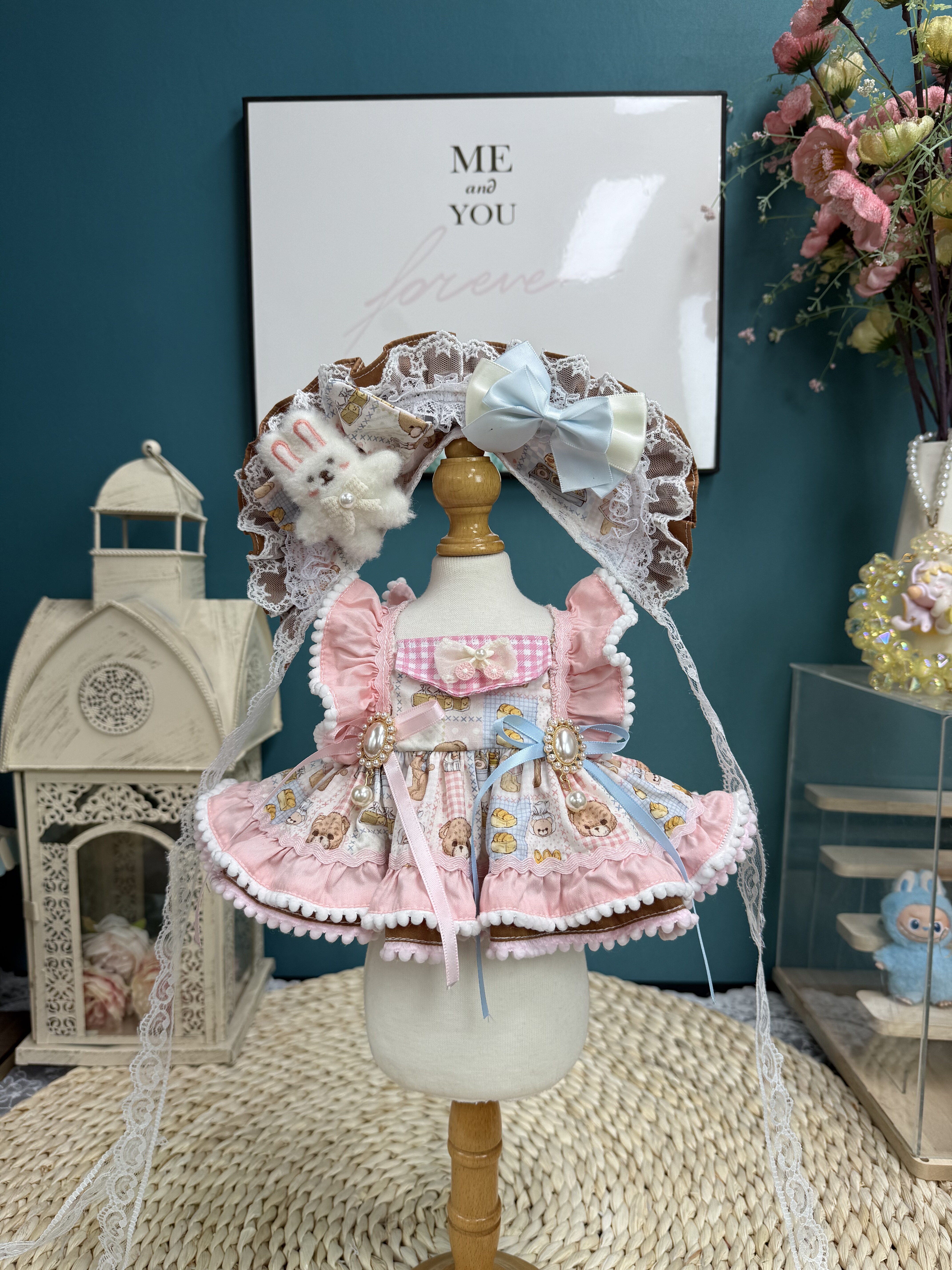 高定手工粉色公主裙13英寸星黛露40cm棉花娃娃衣服莉娜熊饼饼裙子