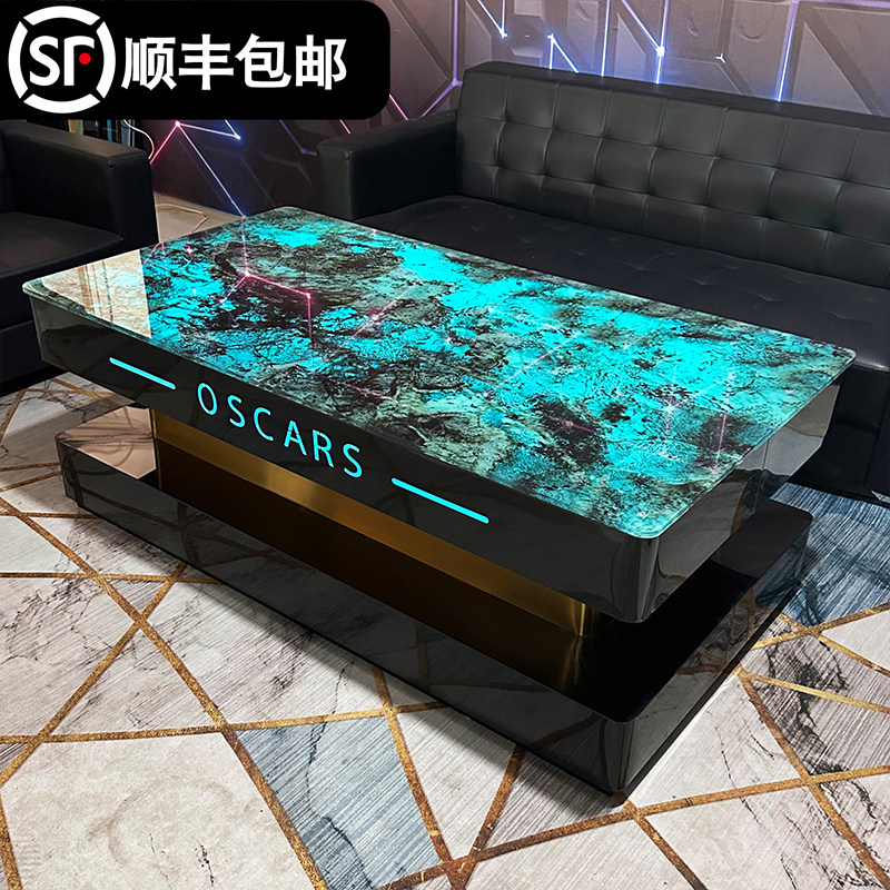ktv茶几发光电奢石会所酒吧台钢化玻璃不锈钢茶几七彩变色桌定制图片