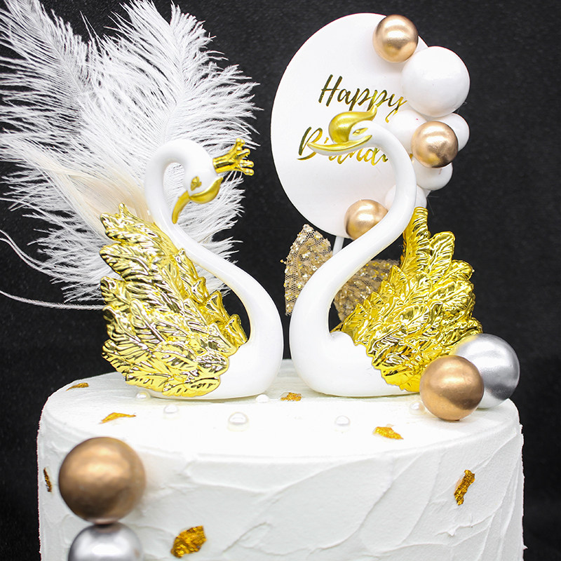 烘焙蛋糕装饰浪漫金银天鹅摆件创意网红女神情侣七夕节生日插件