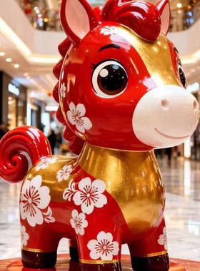 2026马年春节玻璃钢卡通福字马造型雕塑落地大摆件开业礼品定制
