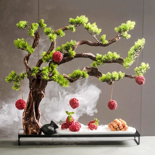 高档酒店意境干冰盘荔枝虾球餐具会所特色创意迎客松根雕创意菜盘