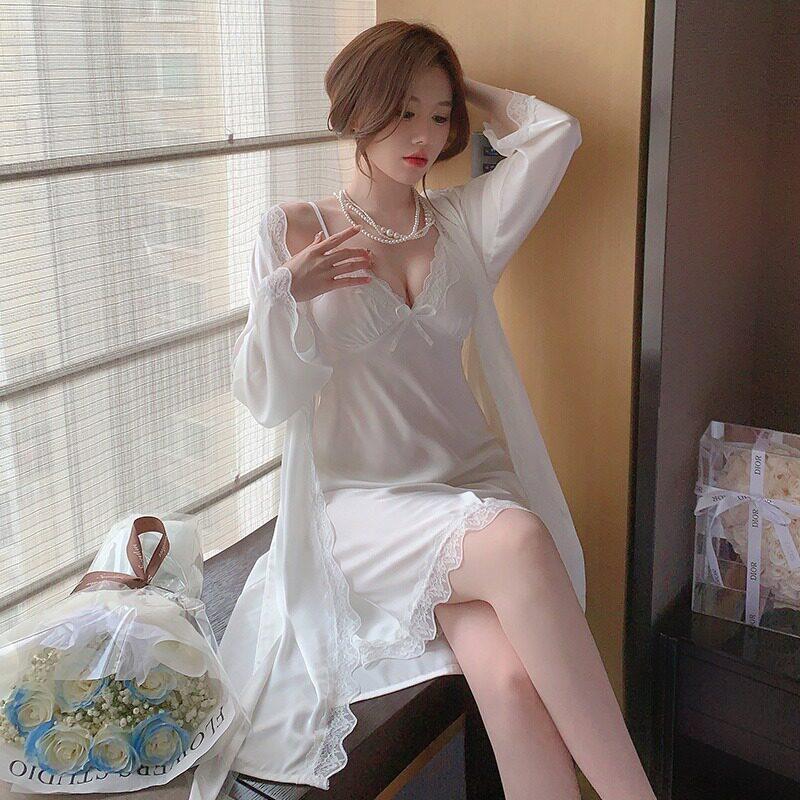 冰丝带胸垫睡衣女夏季薄款高级感露背性感蕾丝吊带真丝睡裙两件套