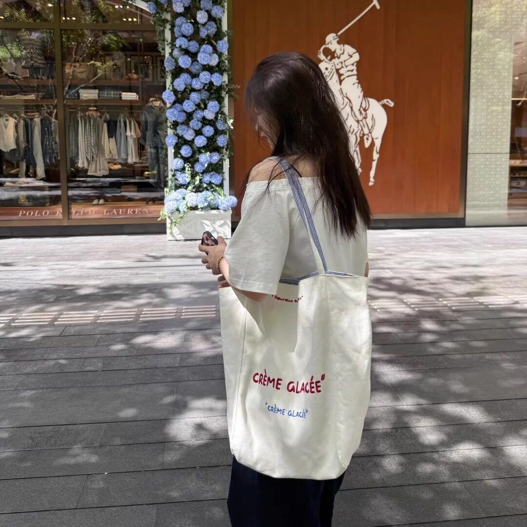 2025新款简约字母双面可背刺绣条纹托特包大容量学生帆布通勤包女