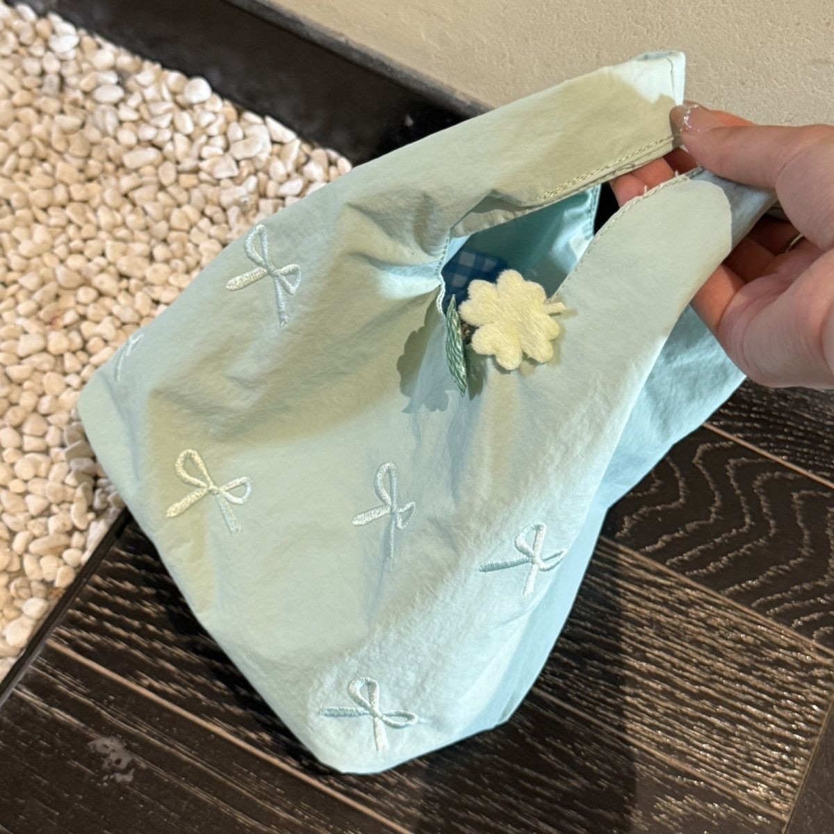 薄荷绿蝴蝶结刺绣手拎包少女心