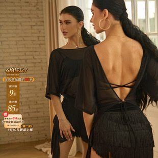 ZYM【纱心沦陷】上衣裙露背网纱拉丁舞练功服女侧腰小纽扣26033